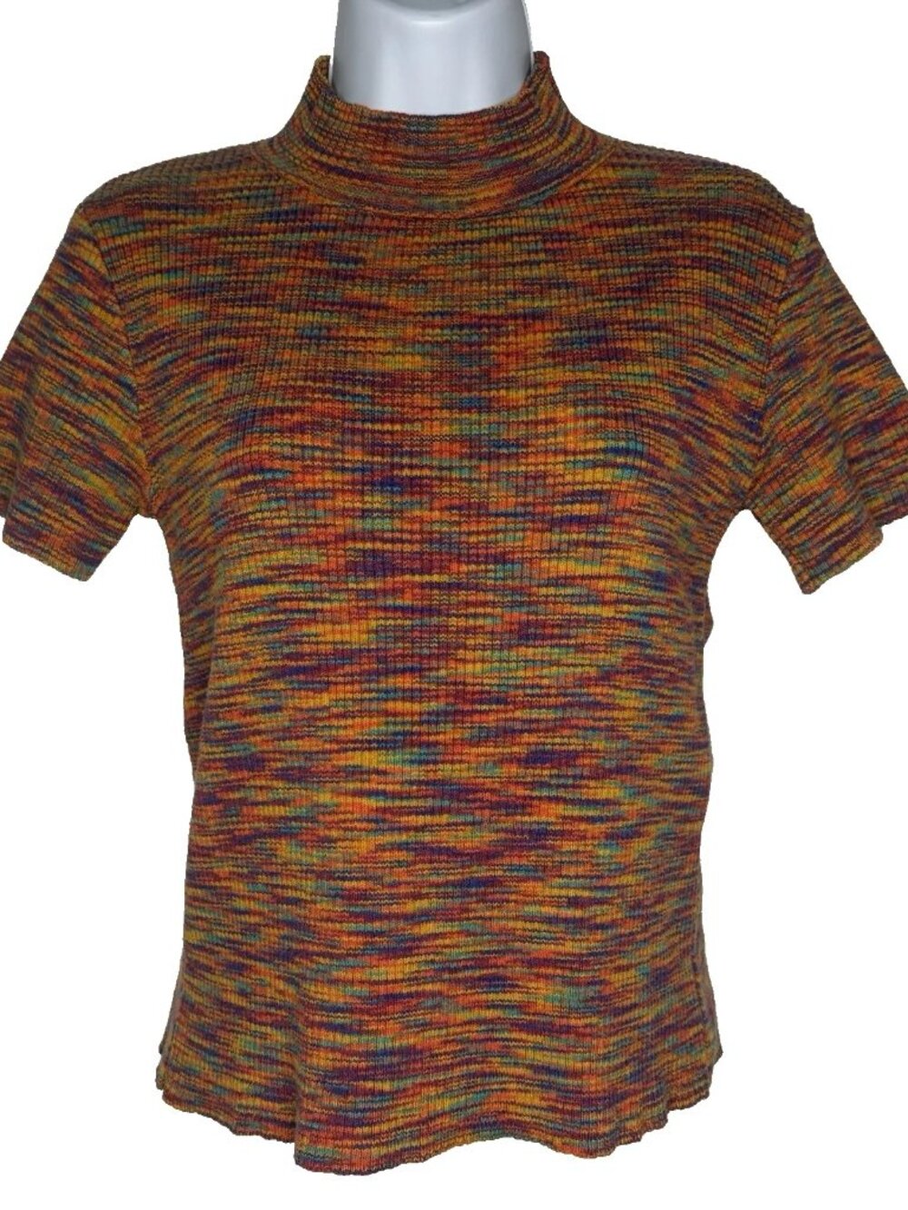 Vintage 70s Pierre Cardin Mock Neck Sweater Sz S Rainbow Space Dye Short Sleeves